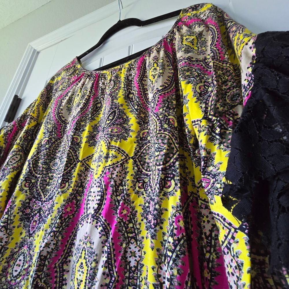 Uncle Frank Boho Paisley Lace Sleeve Dress M Yellow Pink Festival - Picture 10 of 13